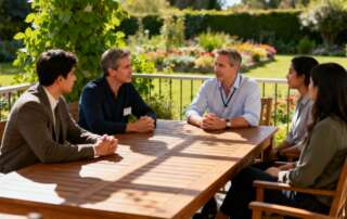 stagiaires et formateurs réunis autour d'une table de jardin, en plein air sur la terrasse